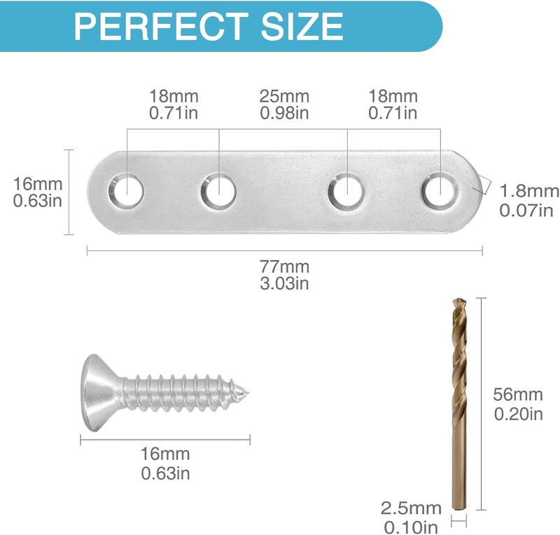 HOUYITOU 14PCS 2.99” x 0.63” Straight Flat Brace, Stainless Steel Sturdy Bracket, Metal Strap for Wood Furniture Chair with 56PCS Screws - Image 2